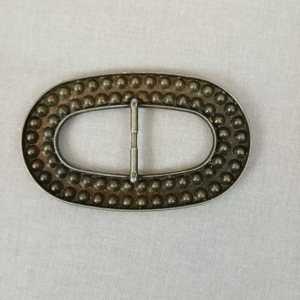Oval brass vintage belt buckle studded with black rhinestones 4